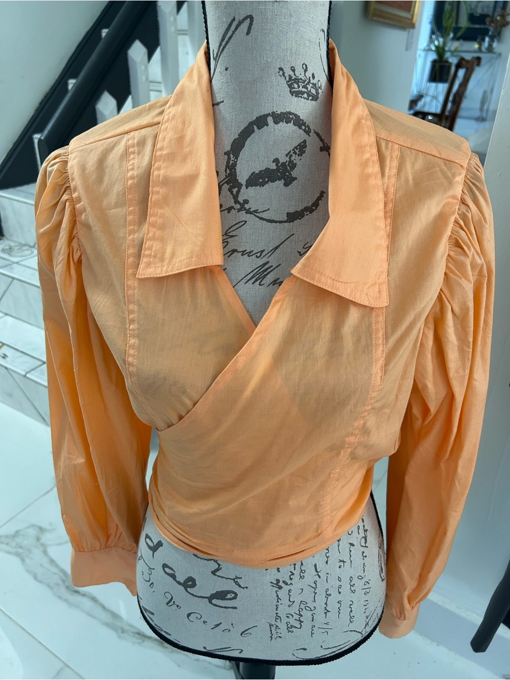 Chesley Peach Orange Wrap Blouse puffy Long Sleeve Cotton & Stretch Size L